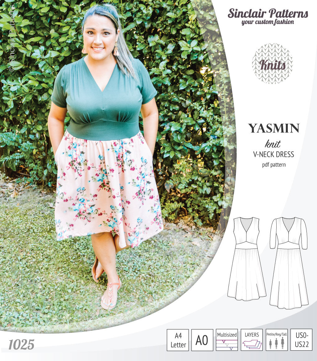 Pdf sewing patterns - S1025 Yasmin knit V neck dress with gathered or flared skirt by Sinclair Patterns 