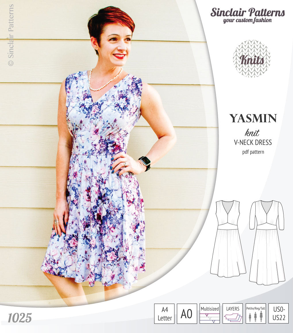 Pdf sewing patterns - S1025 Yasmin knit V neck dress with gathered or flared skirt by Sinclair Patterns 