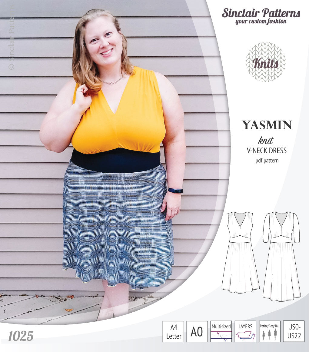 Pdf sewing patterns - S1025 Yasmin knit V neck dress with gathered or flared skirt by Sinclair Patterns 