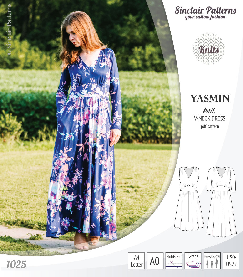 Pdf sewing patterns - S1025 Yasmin knit V neck dress with gathered or flared skirt by Sinclair Patterns 