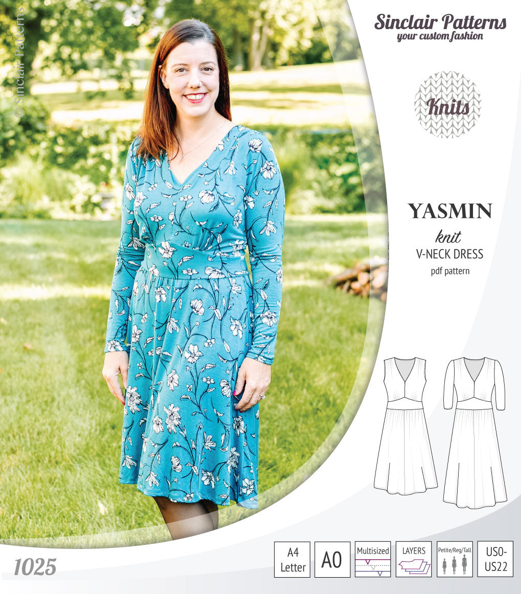 Pdf sewing patterns - S1025 Yasmin knit V neck dress with gathered or flared skirt by Sinclair Patterns 