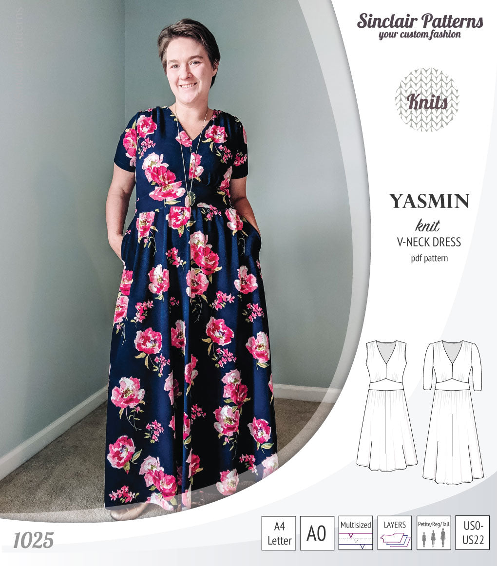 Pdf sewing patterns - S1025 Yasmin knit V neck dress with gathered or flared skirt by Sinclair Patterns 