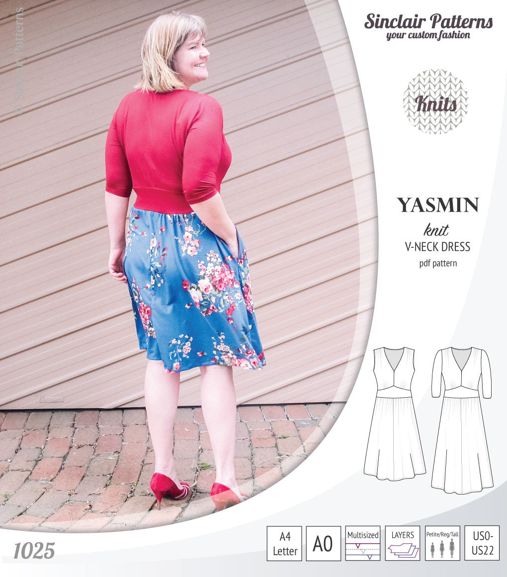 Pdf sewing patterns - S1025 Yasmin knit V neck dress with gathered or flared skirt by Sinclair Patterns 