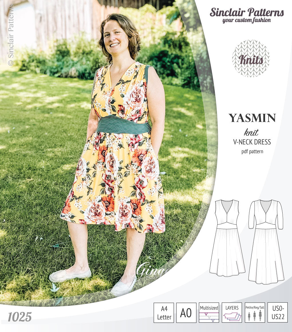 Pdf sewing patterns - S1025 Yasmin knit V neck dress with gathered or flared skirt by Sinclair Patterns 