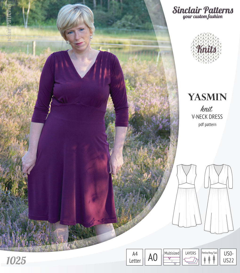 Pdf sewing patterns - S1025 Yasmin knit V neck dress with gathered or flared skirt by Sinclair Patterns 