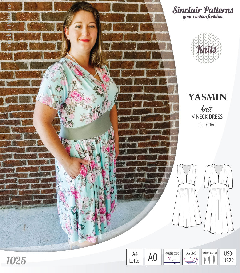 Pdf sewing patterns - S1025 Yasmin knit V neck dress with gathered or flared skirt by Sinclair Patterns 