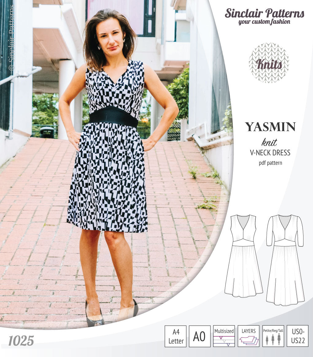 Pdf sewing patterns - S1025 Yasmin knit V neck dress with gathered or flared skirt by Sinclair Patterns 