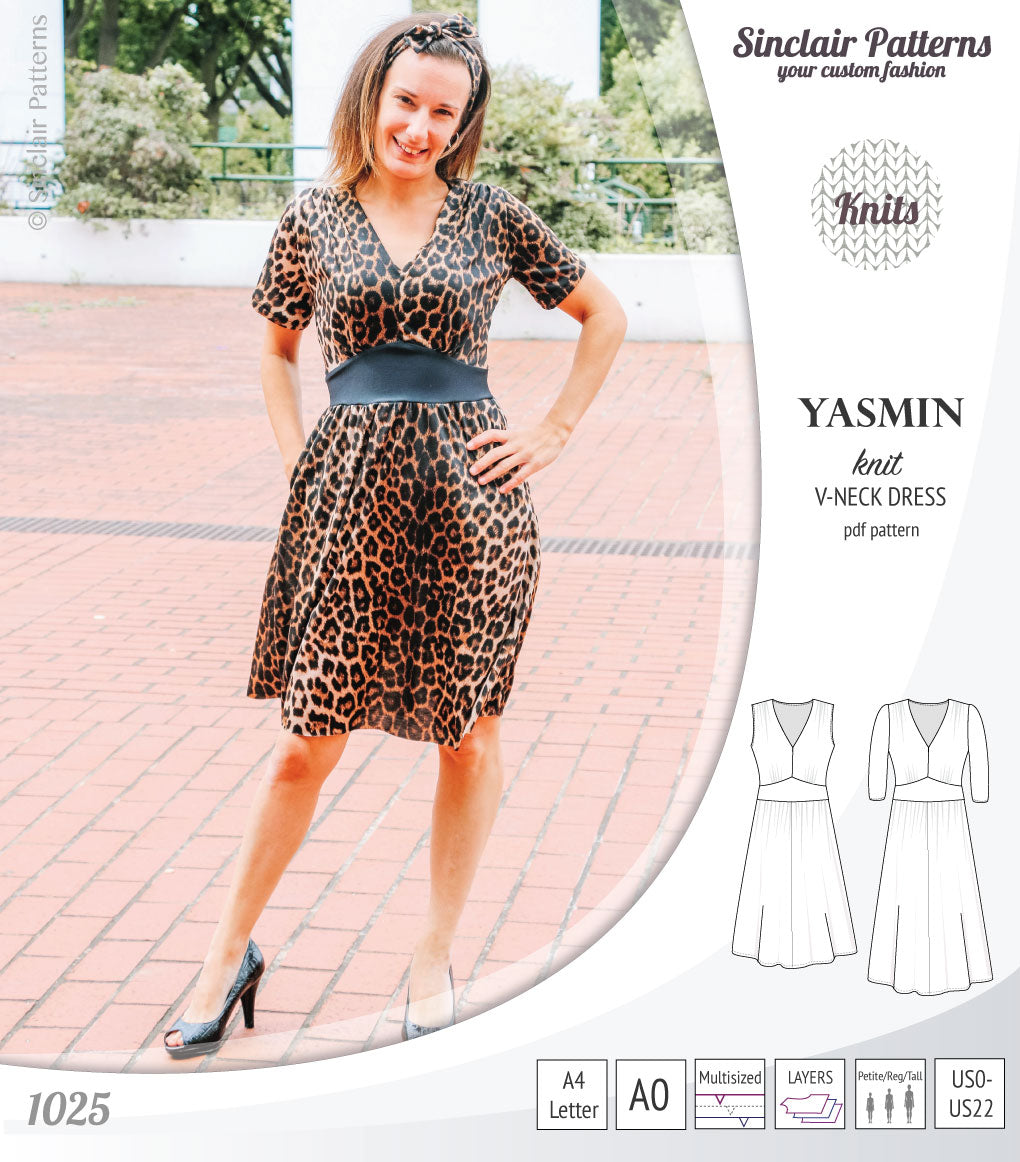 Pdf sewing patterns - S1025 Yasmin knit V neck dress with gathered or flared skirt by Sinclair Patterns 