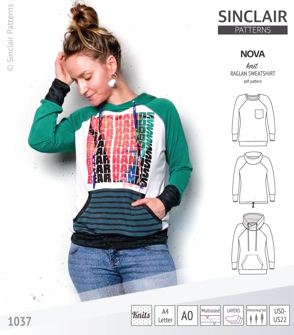 PDF sewing pattern Raglan sweatshirt sweater hoodie for women with kangaroo pocket, hood, cowl and drawstrings