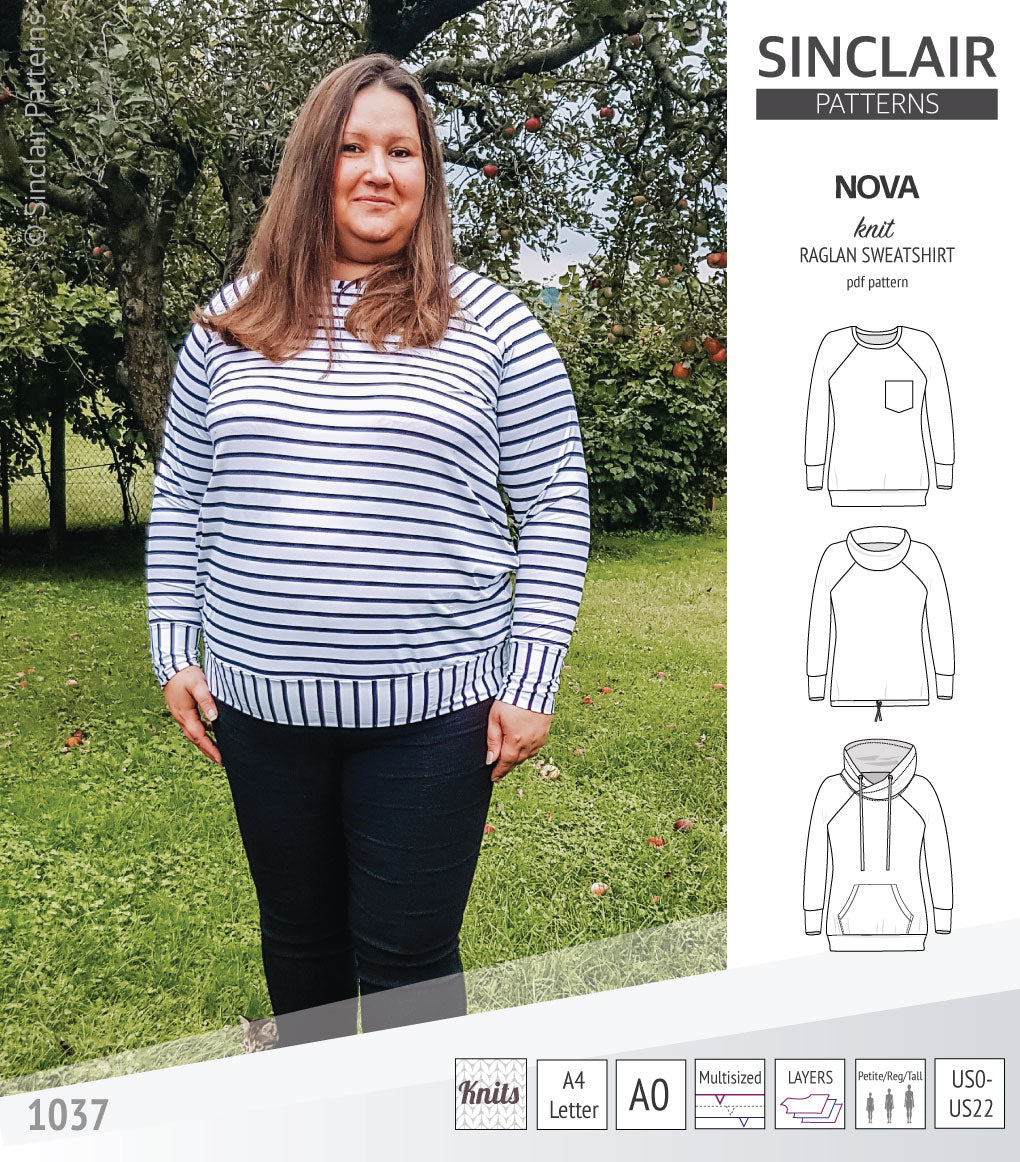 PDF sewing pattern Raglan sweatshirt sweater hoodie for women with kangaroo pocket, hood, cowl and drawstrings