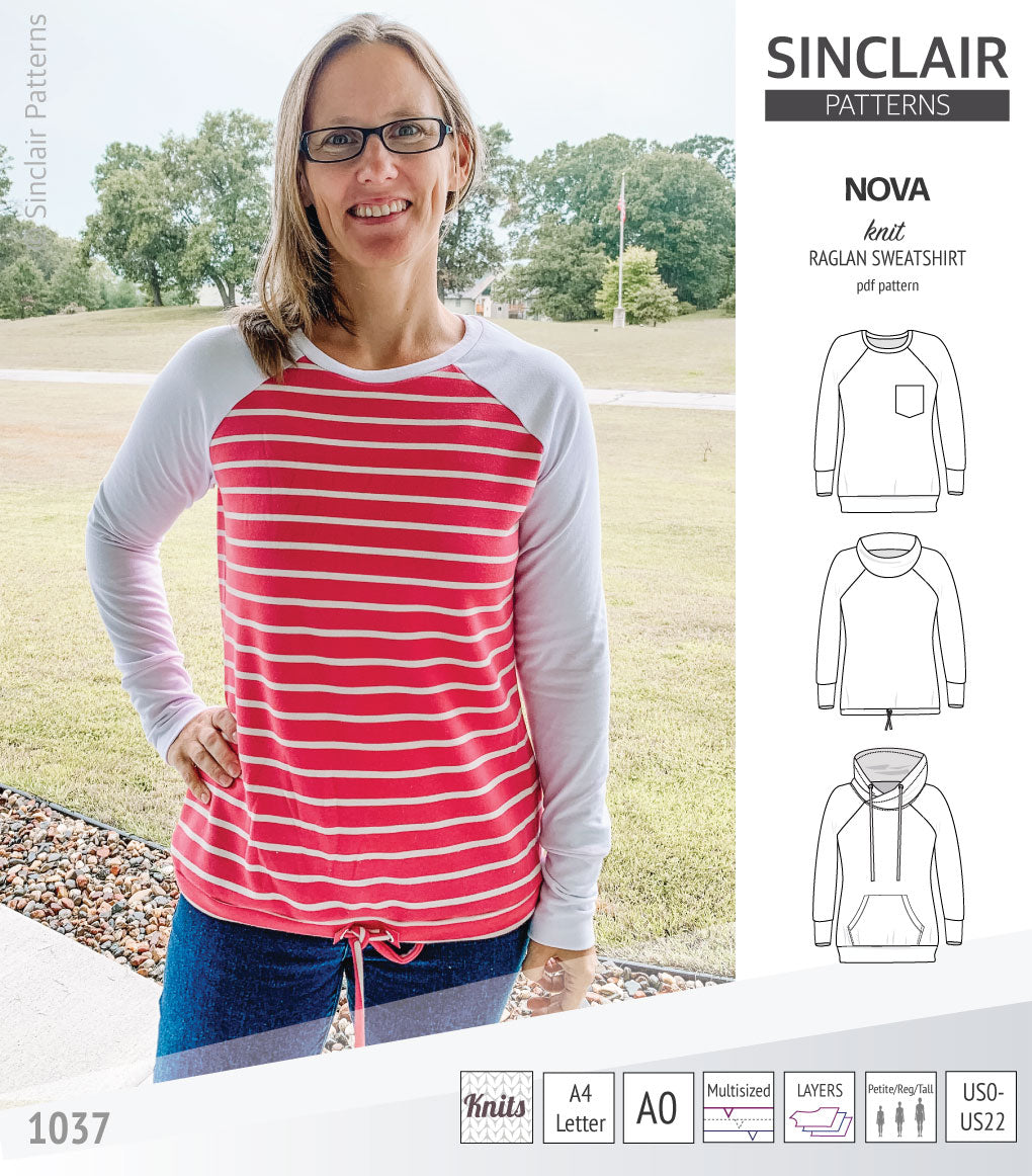 PDF sewing pattern Raglan sweatshirt sweater hoodie for women with kangaroo pocket, hood, cowl and drawstrings