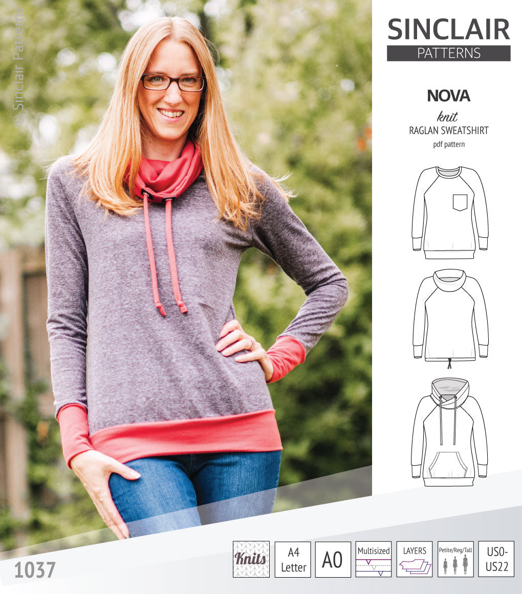 PDF sewing pattern Raglan sweatshirt sweater hoodie for women with kangaroo pocket, hood, cowl and drawstrings