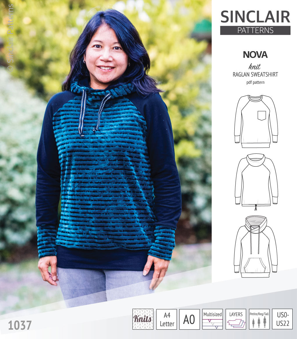 PDF sewing pattern Raglan sweatshirt sweater hoodie for women with kangaroo pocket, hood, cowl and drawstrings