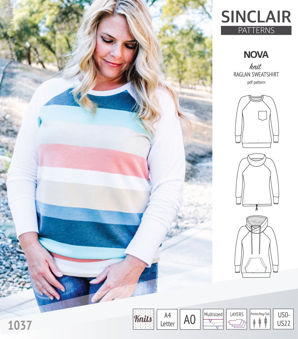 PDF sewing pattern Raglan sweatshirt sweater hoodie for women with kangaroo pocket, hood, cowl and drawstrings