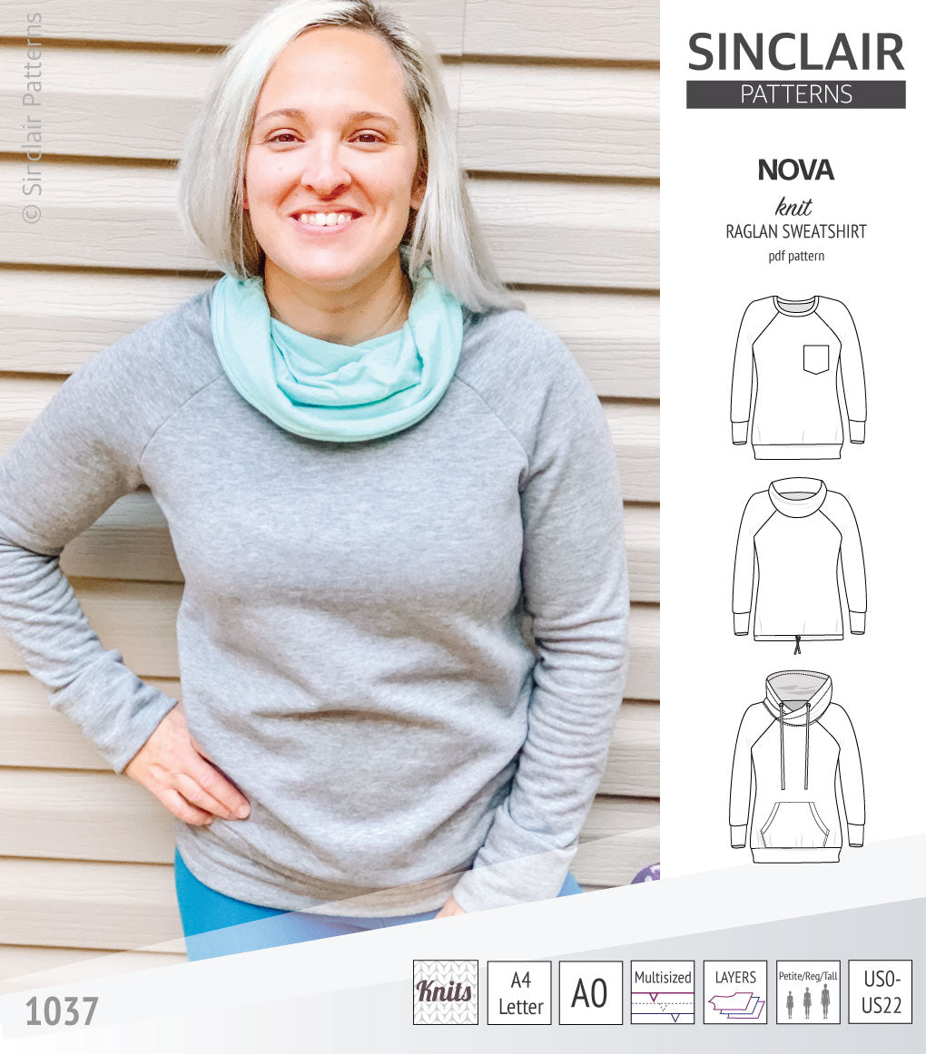 PDF sewing pattern Raglan sweatshirt sweater hoodie for women with kangaroo pocket, hood, cowl and drawstrings