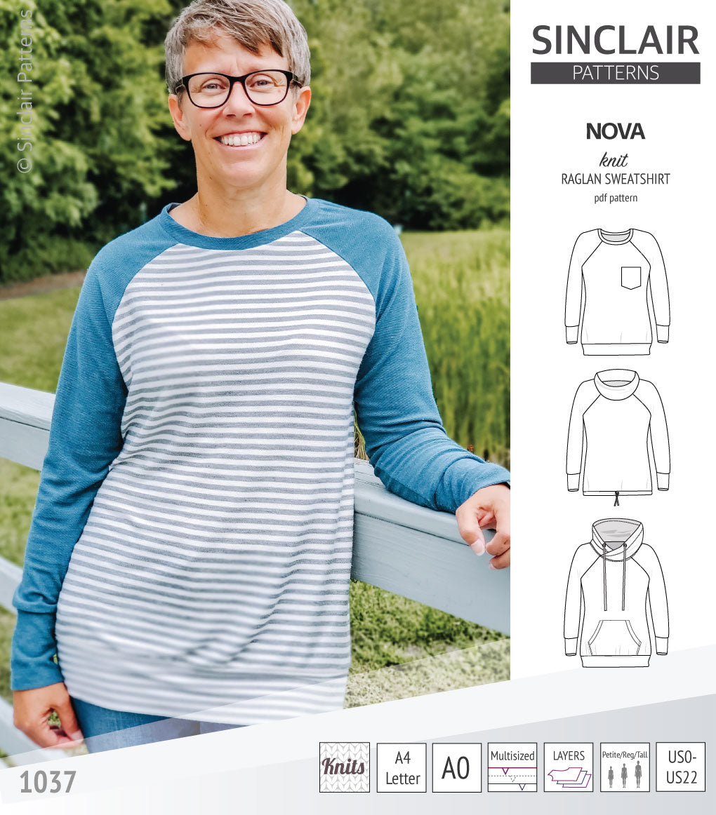 PDF sewing pattern Raglan sweatshirt sweater hoodie for women with kangaroo pocket, hood, cowl and drawstrings