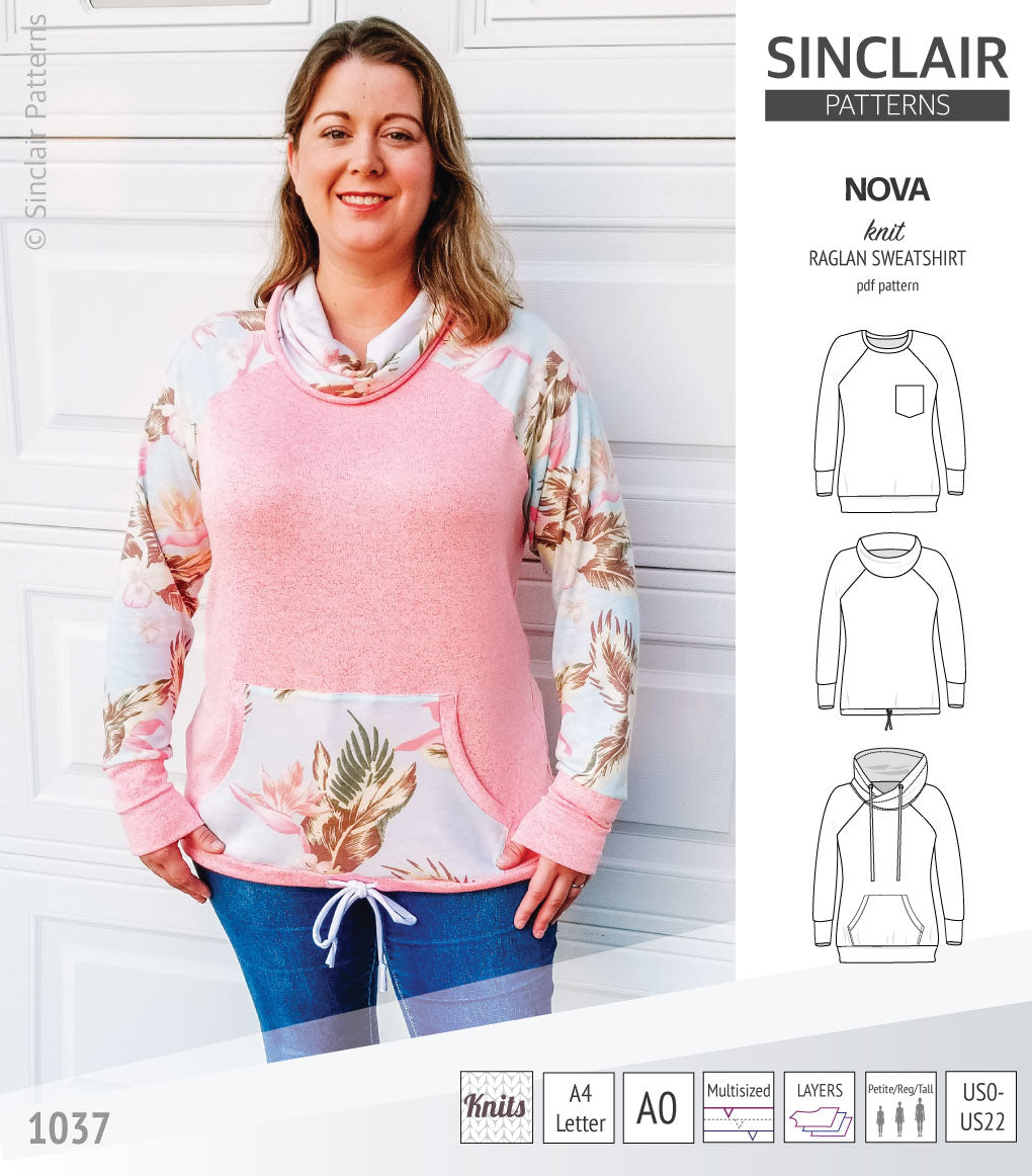 PDF sewing pattern Raglan sweatshirt sweater hoodie for women with kangaroo pocket, hood, cowl and drawstrings