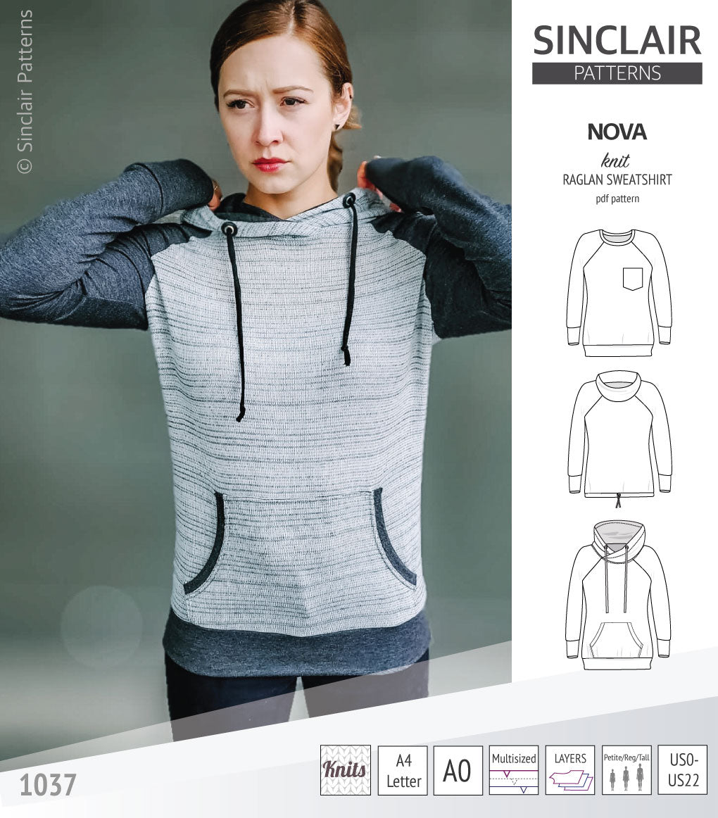 PDF sewing pattern Raglan sweatshirt sweater hoodie for women with kangaroo pocket, hood, cowl and drawstrings