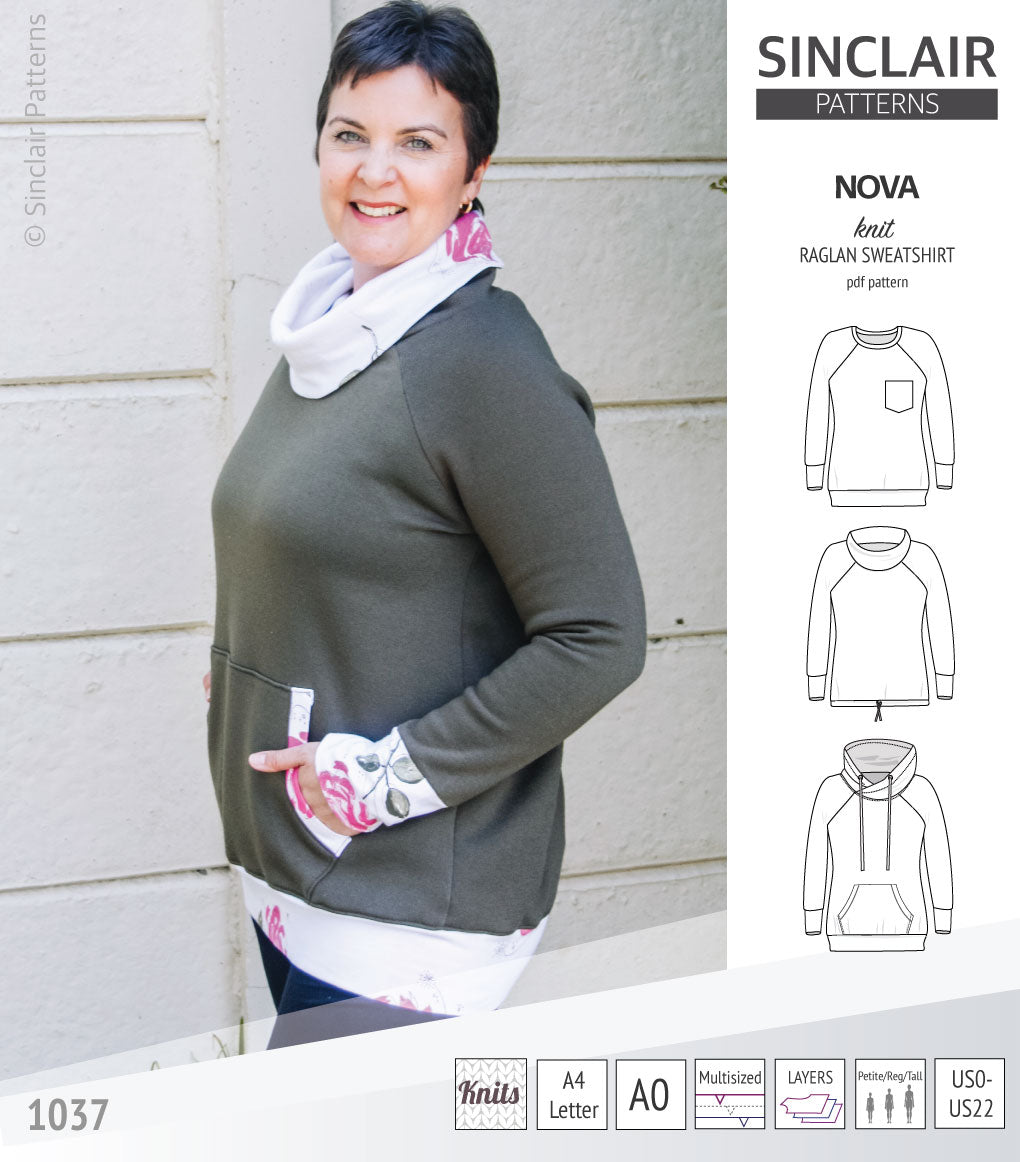 PDF sewing pattern Raglan sweatshirt sweater hoodie for women with kangaroo pocket, hood, cowl and drawstrings