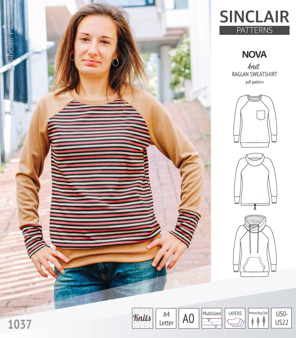 PDF sewing pattern Raglan sweatshirt sweater hoodie for women with kangaroo pocket, hood, cowl and drawstrings