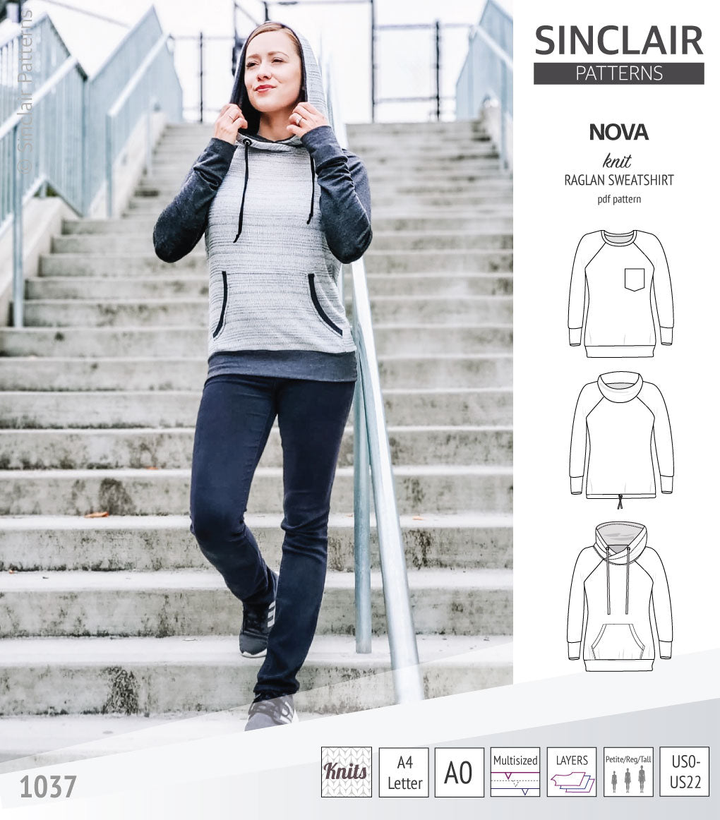 PDF sewing pattern Raglan sweatshirt sweater hoodie for women with kangaroo pocket, hood, cowl and drawstrings