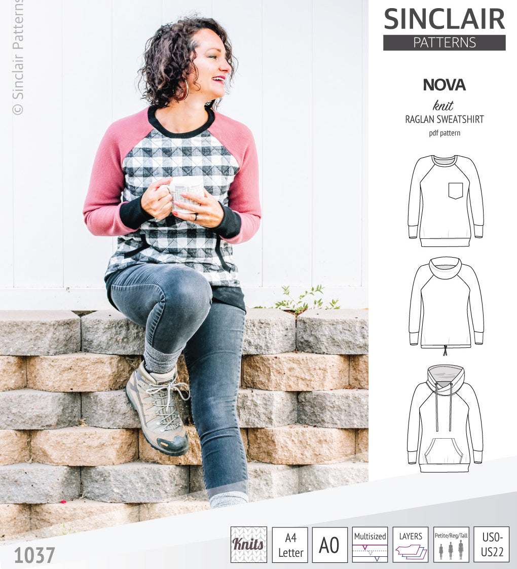 PDF sewing pattern Raglan sweatshirt sweater hoodie for women with kangaroo pocket, hood, cowl and drawstrings