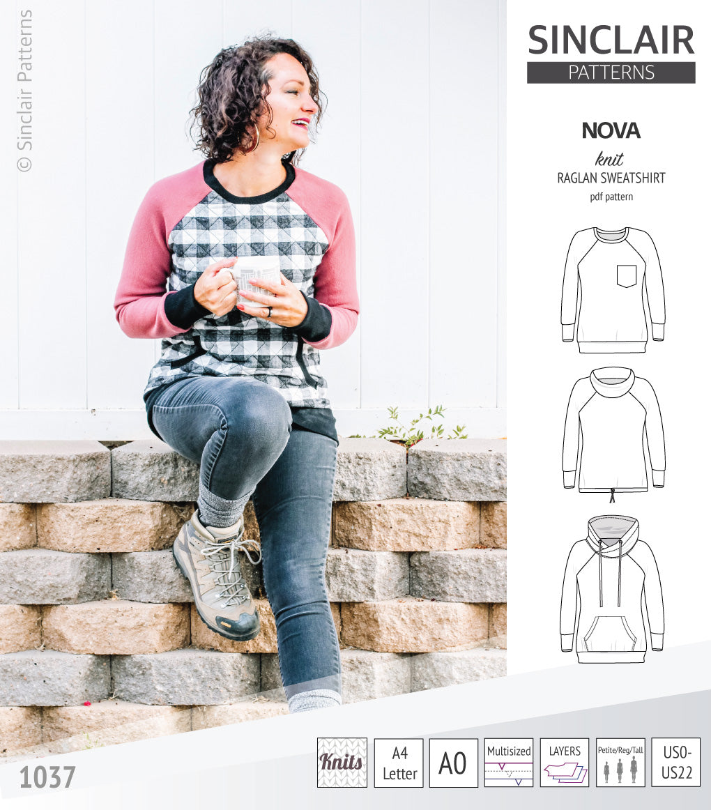 PDF sewing pattern Raglan sweatshirt sweater hoodie for women with kangaroo pocket, hood, cowl and drawstrings