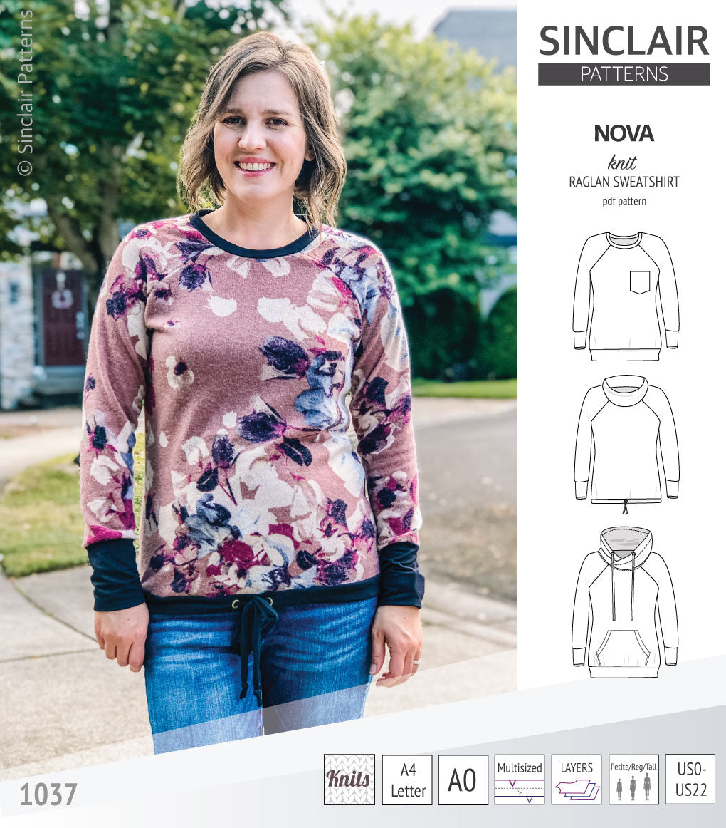 PDF sewing pattern Raglan sweatshirt sweater hoodie for women with kangaroo pocket, hood, cowl and drawstrings