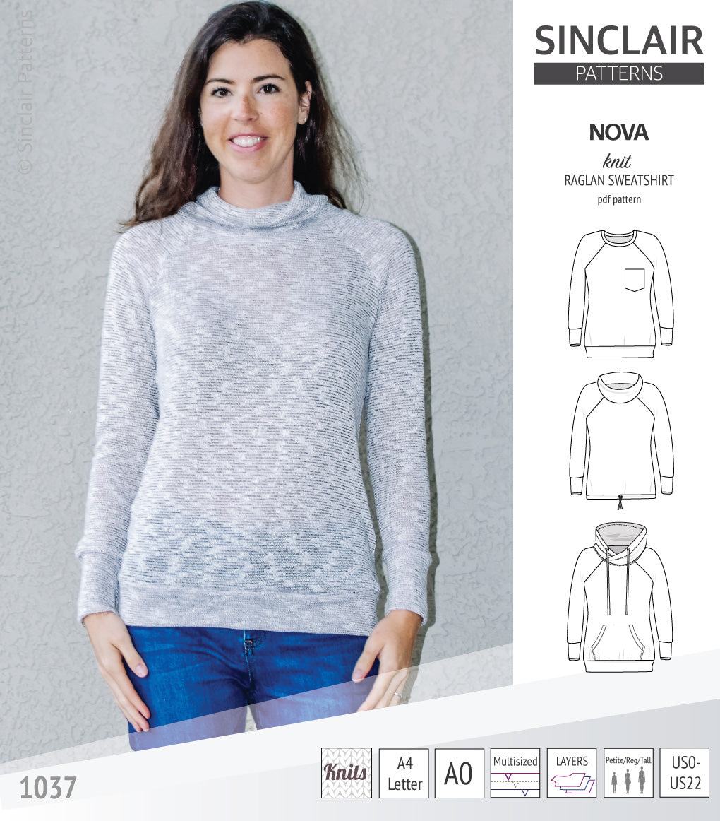 PDF sewing pattern Raglan sweatshirt sweater hoodie for women with kangaroo pocket, hood, cowl and drawstrings