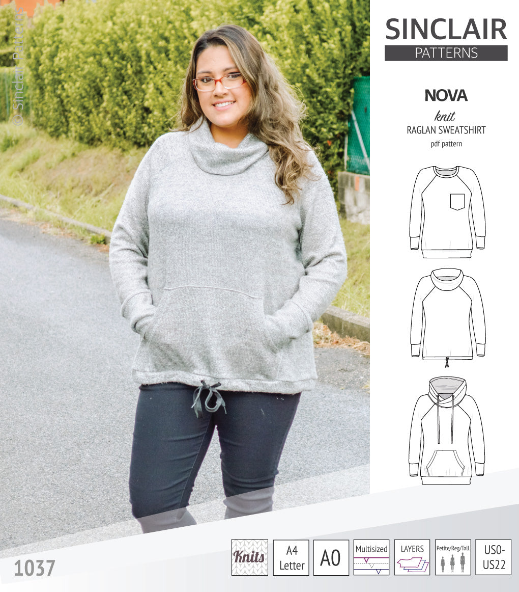 PDF sewing pattern Raglan sweatshirt sweater hoodie for women with kangaroo pocket, hood, cowl and drawstrings