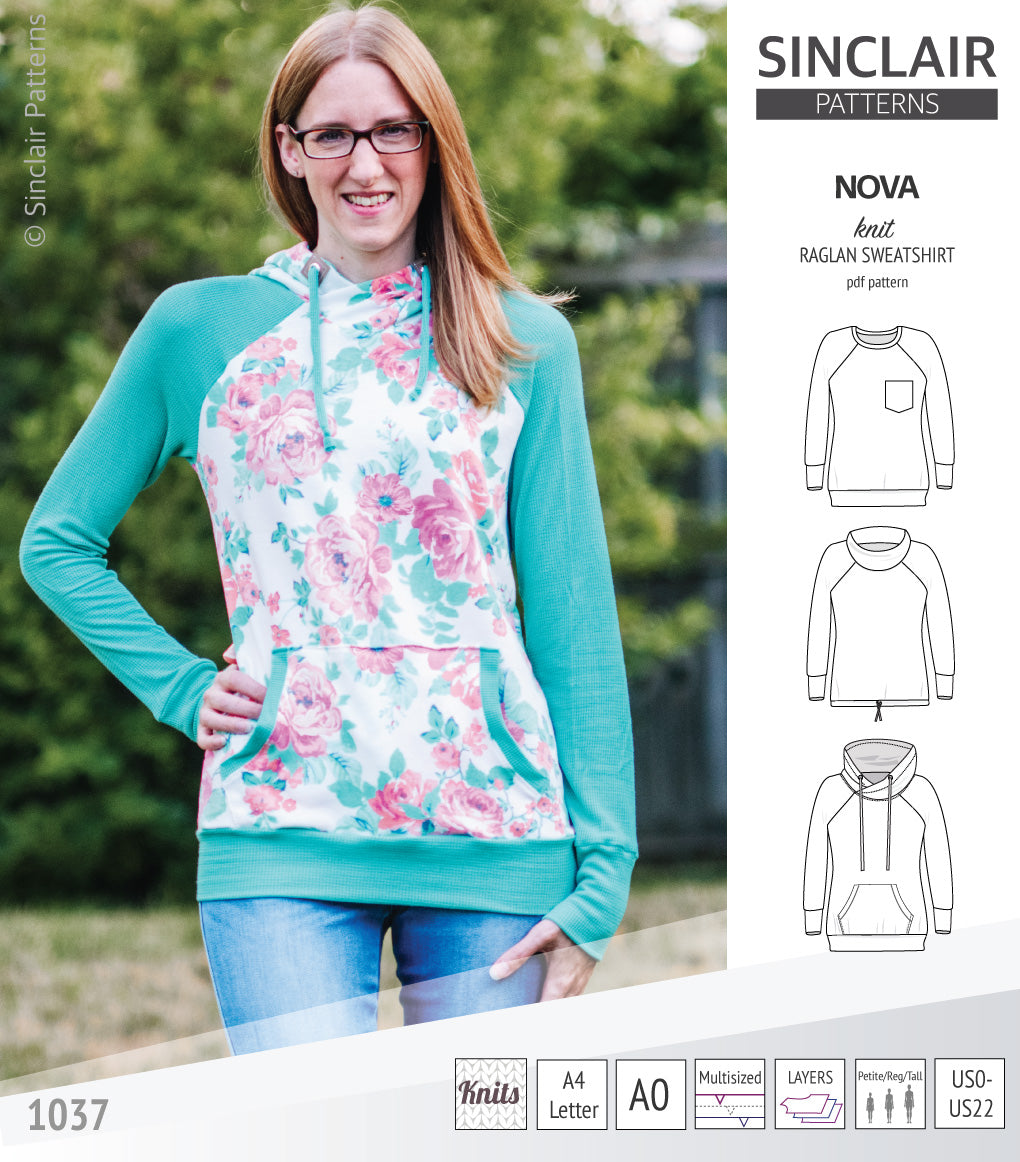 PDF sewing pattern Raglan sweatshirt sweater hoodie for women with kangaroo pocket, hood, cowl and drawstrings