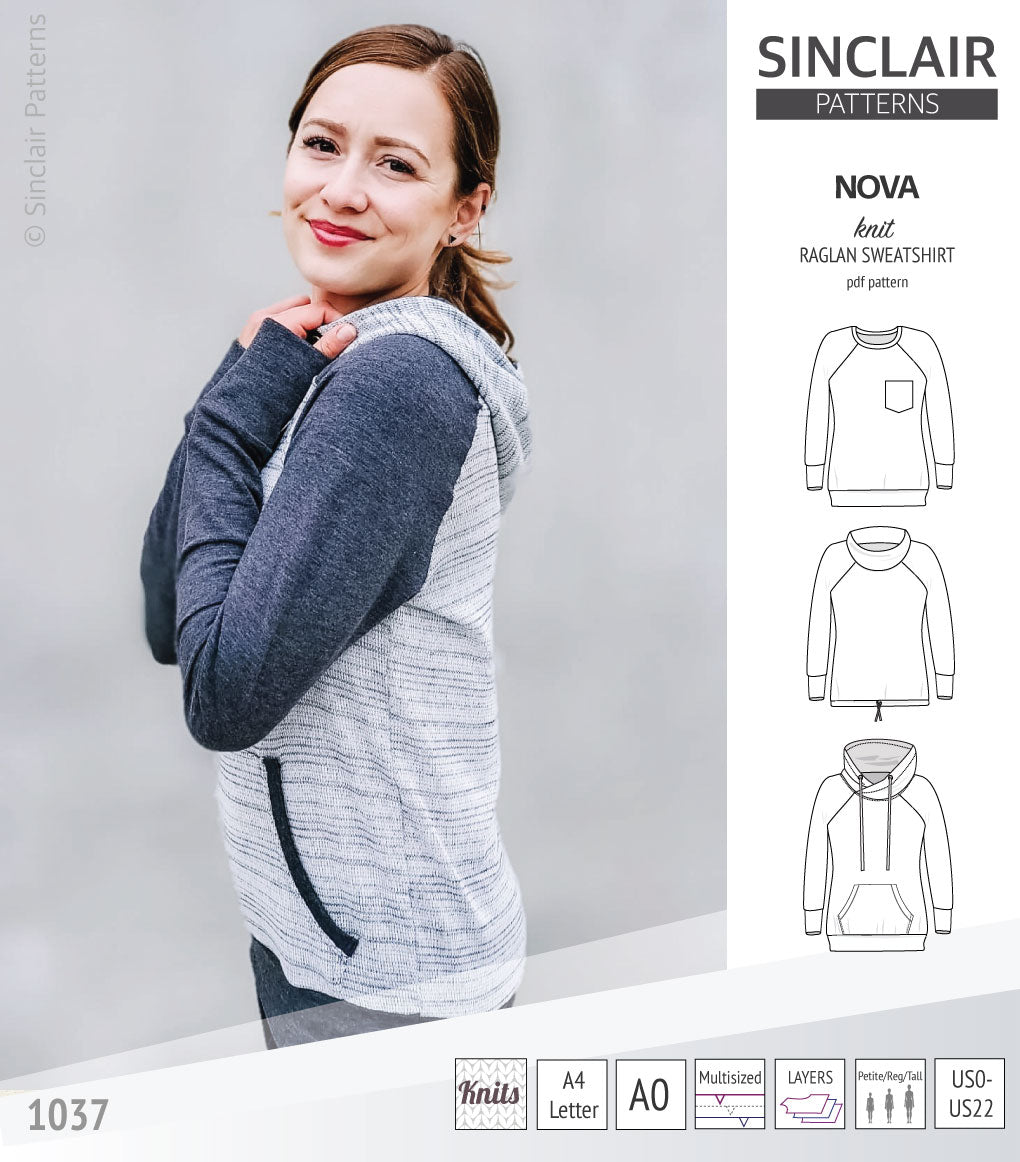 PDF sewing pattern Raglan sweatshirt sweater hoodie for women with kangaroo pocket, hood, cowl and drawstrings