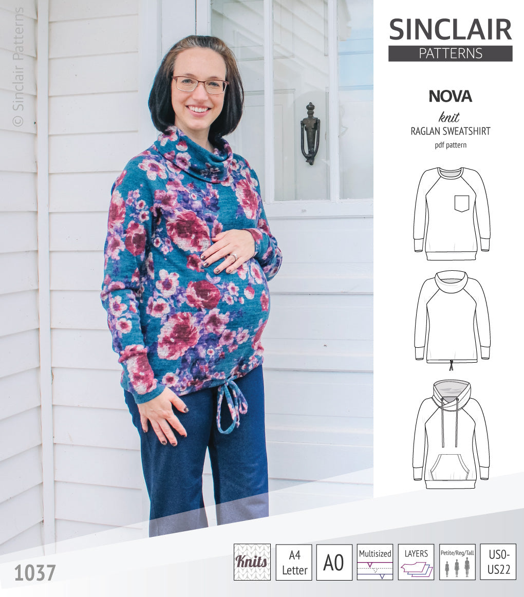 PDF sewing pattern Raglan sweatshirt sweater hoodie for women with kangaroo pocket, hood, cowl and drawstrings