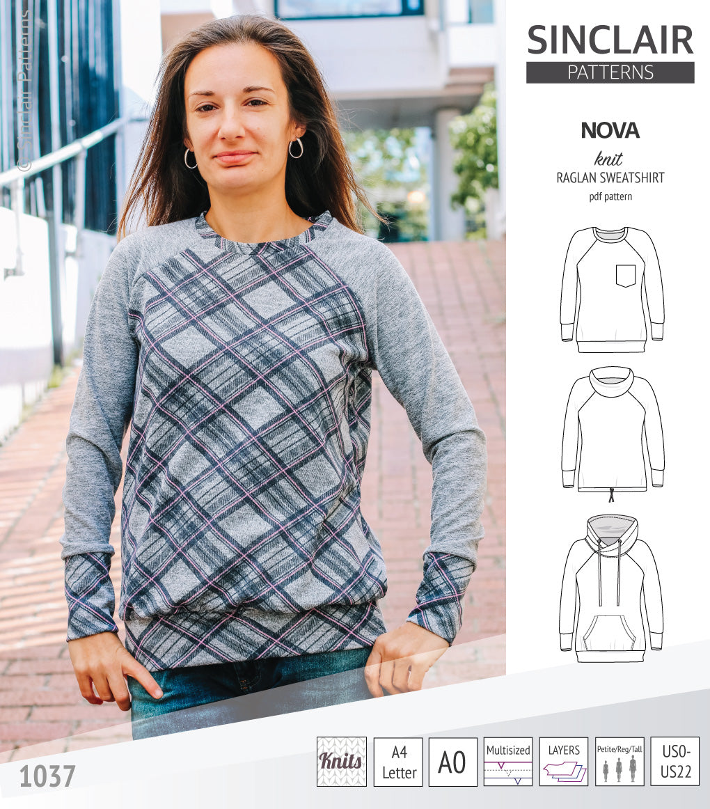 PDF sewing pattern Raglan sweatshirt sweater hoodie for women with kangaroo pocket, hood, cowl and drawstrings