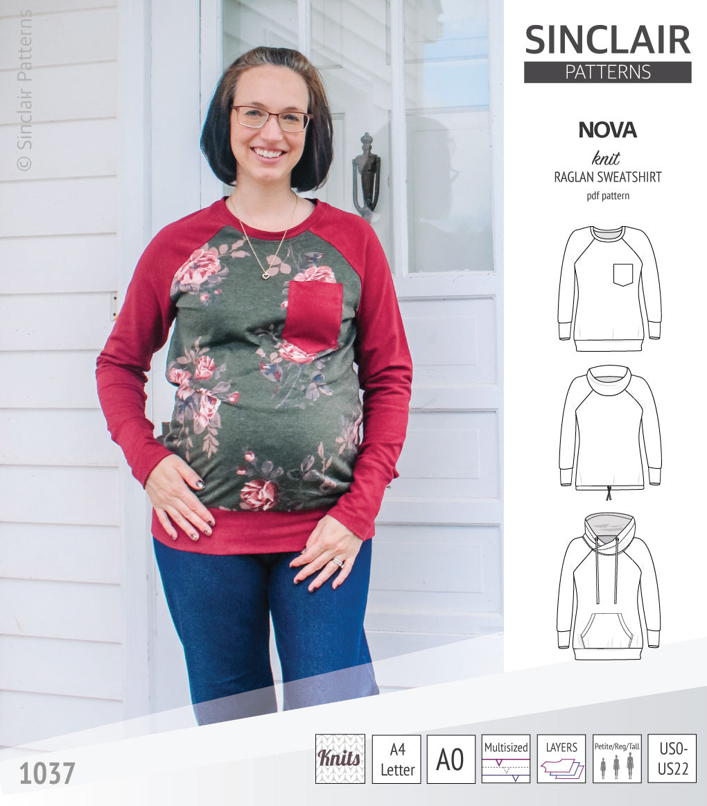 PDF sewing pattern Raglan sweatshirt sweater hoodie for women with kangaroo pocket, hood, cowl and drawstrings