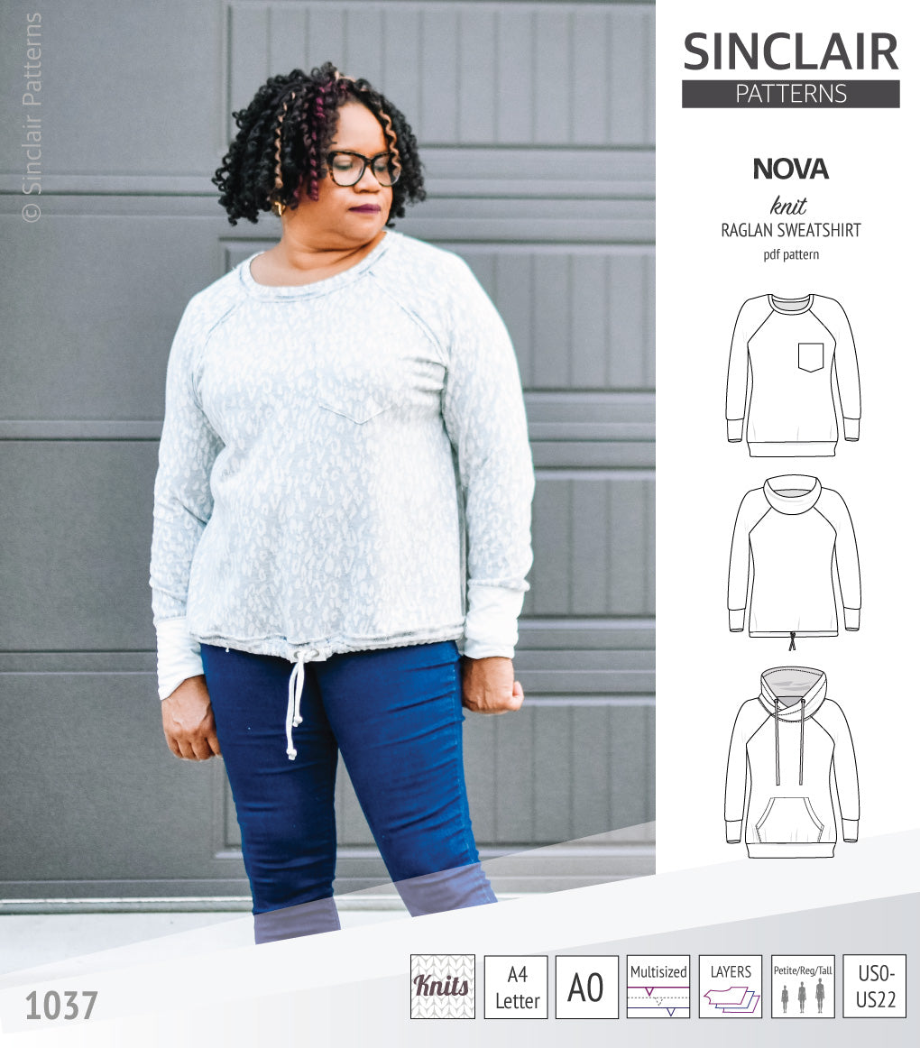 PDF sewing pattern Raglan sweatshirt sweater hoodie for women with kangaroo pocket, hood, cowl and drawstrings