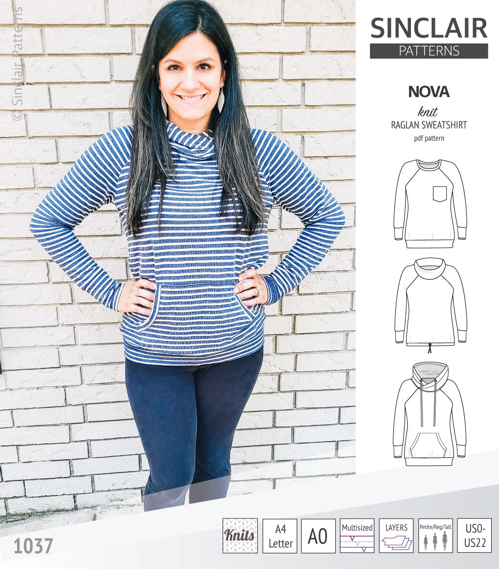 PDF sewing pattern Raglan sweatshirt sweater hoodie for women with kangaroo pocket, hood, cowl and drawstrings