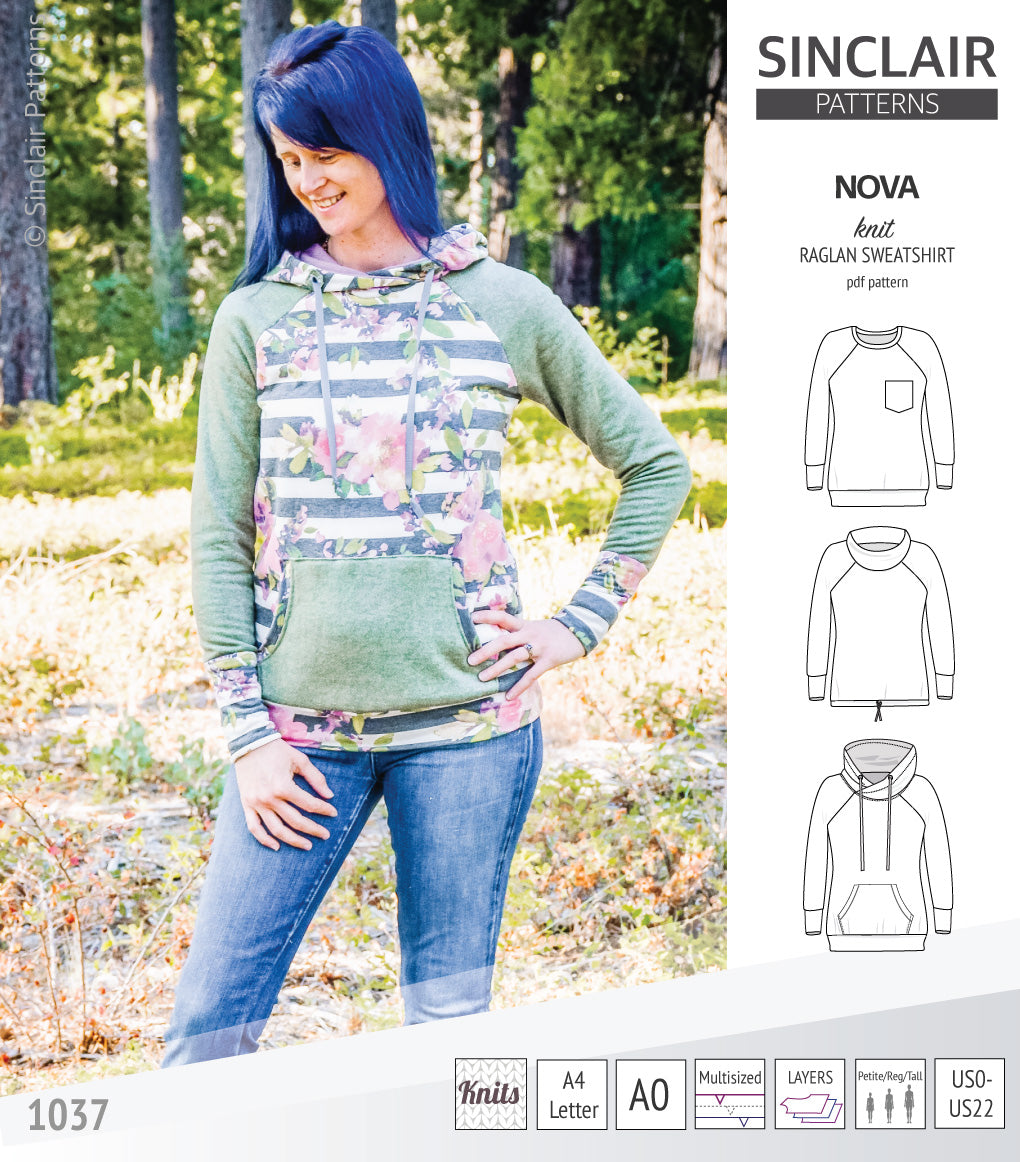 PDF sewing pattern Raglan sweatshirt sweater hoodie for women with kangaroo pocket, hood, cowl and drawstrings