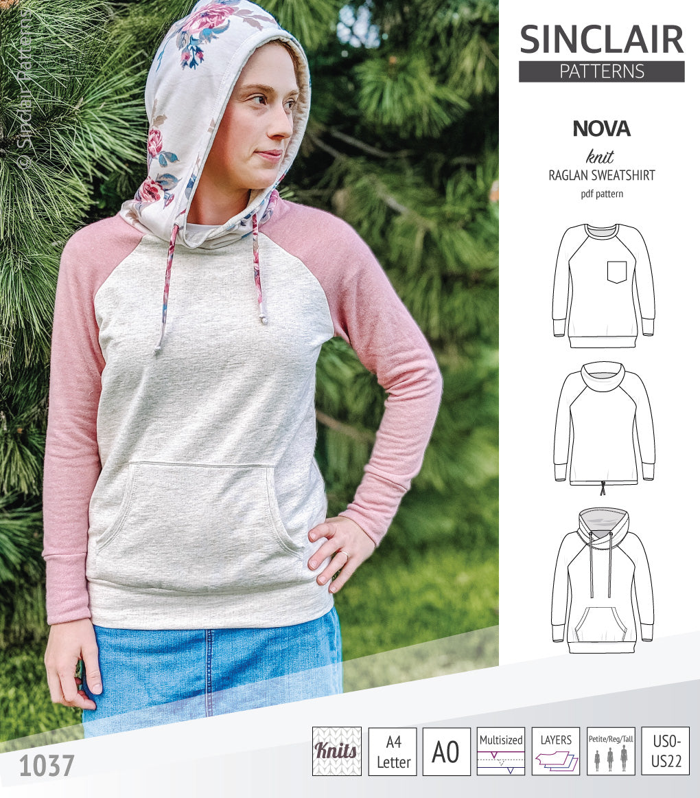 PDF sewing pattern Raglan sweatshirt sweater hoodie for women with kangaroo pocket, hood, cowl and drawstrings