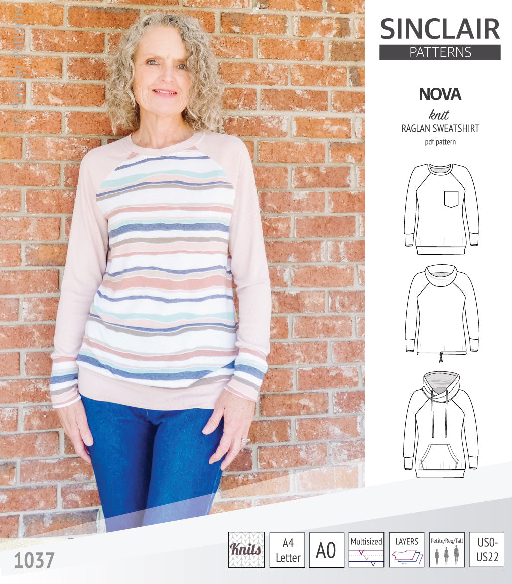 PDF sewing pattern Raglan sweatshirt sweater hoodie for women with kangaroo pocket, hood, cowl and drawstrings