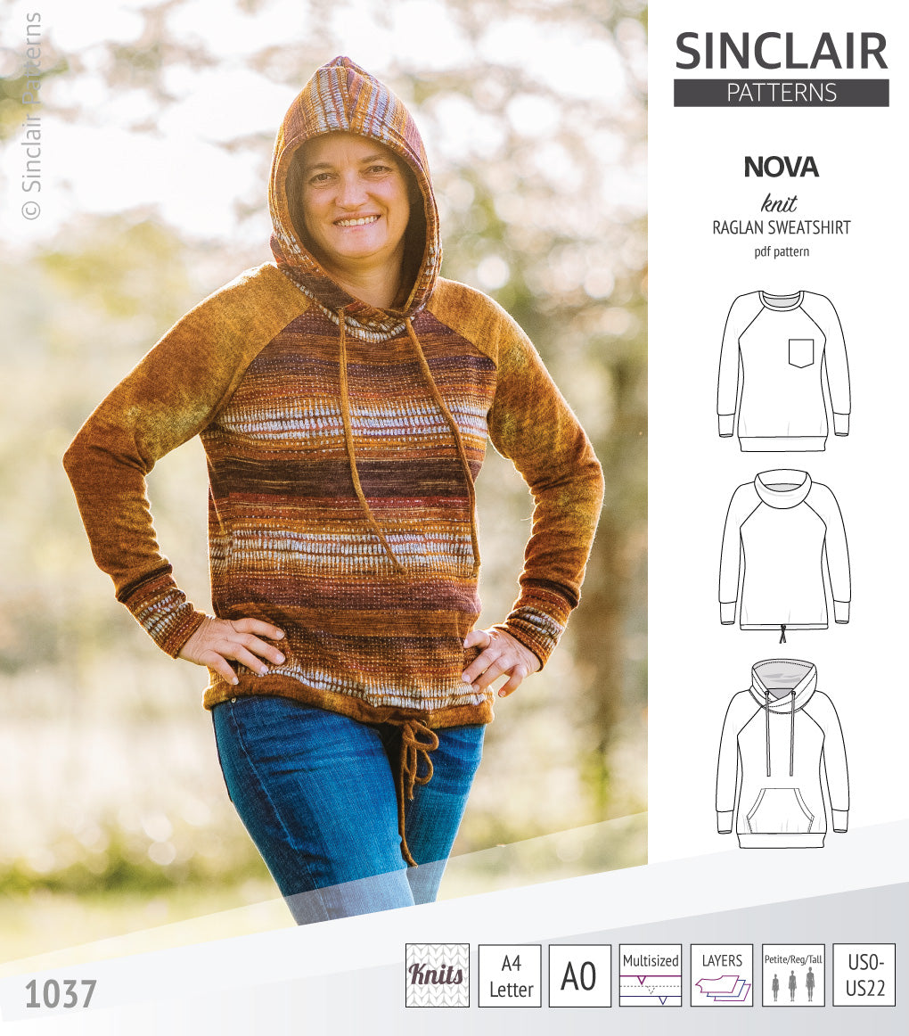 PDF sewing pattern Raglan sweatshirt sweater hoodie for women with kangaroo pocket, hood, cowl and drawstrings