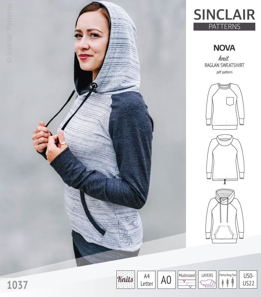 PDF sewing pattern Raglan sweatshirt sweater hoodie for women with kangaroo pocket, hood, cowl and drawstrings