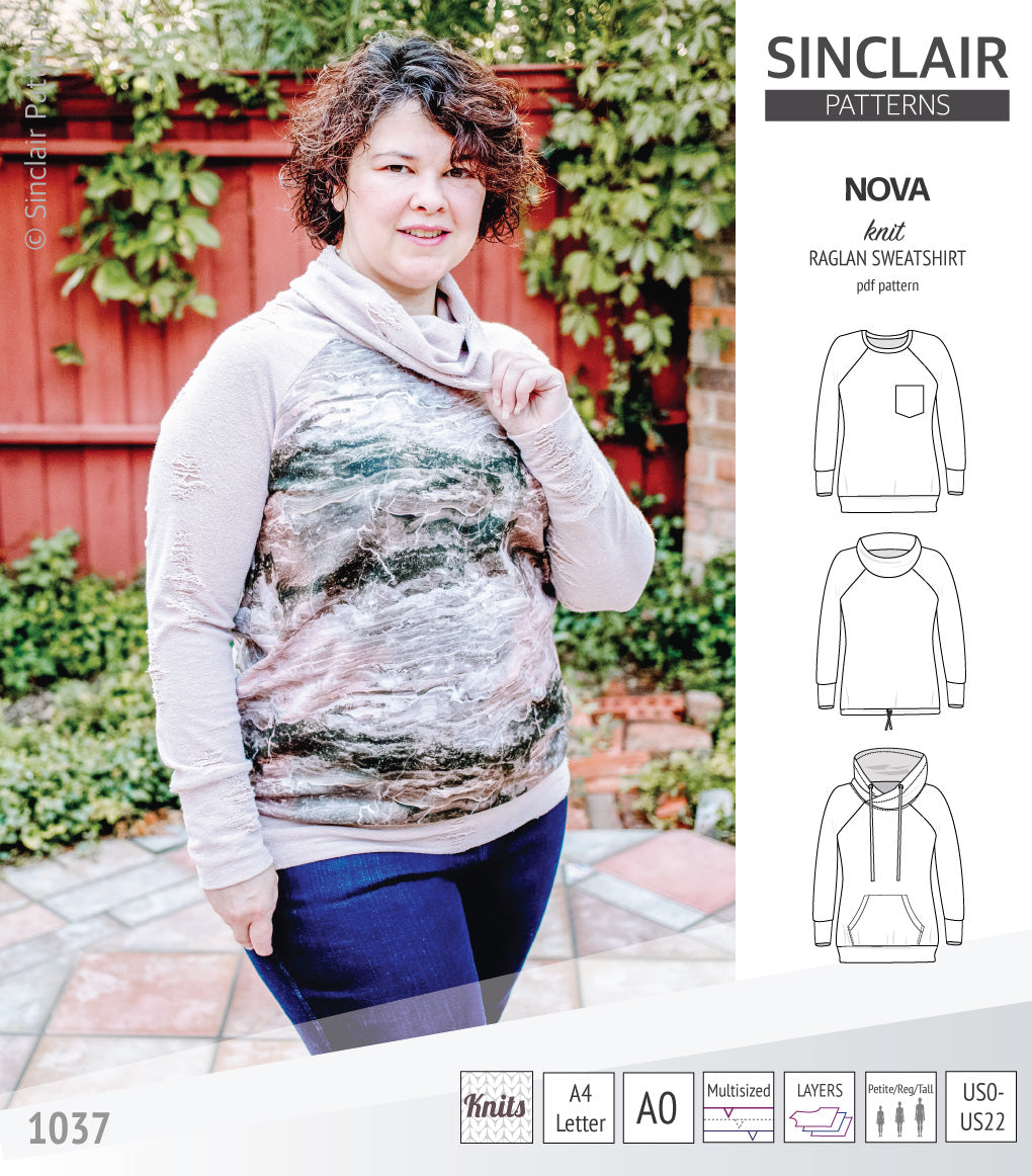 PDF sewing pattern Raglan sweatshirt sweater hoodie for women with kangaroo pocket, hood, cowl and drawstrings