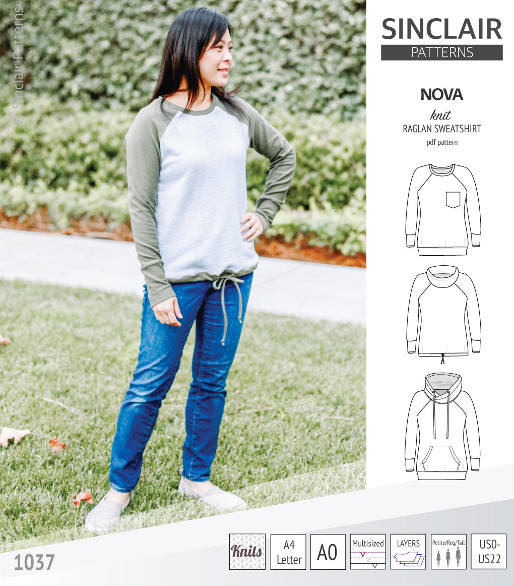 PDF sewing pattern Raglan sweatshirt sweater hoodie for women with kangaroo pocket, hood, cowl and drawstrings