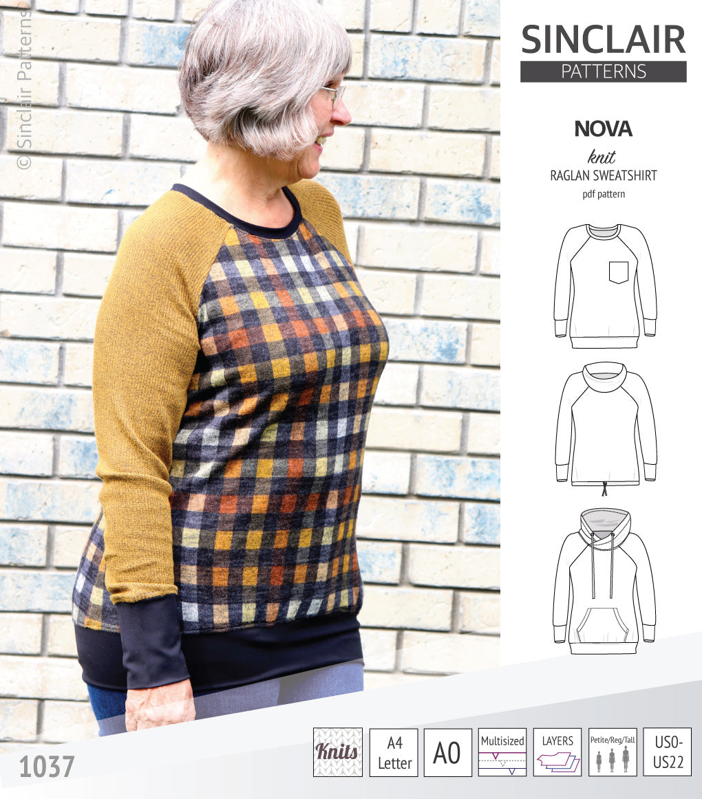 PDF sewing pattern Raglan sweatshirt sweater hoodie for women with kangaroo pocket, hood, cowl and drawstrings