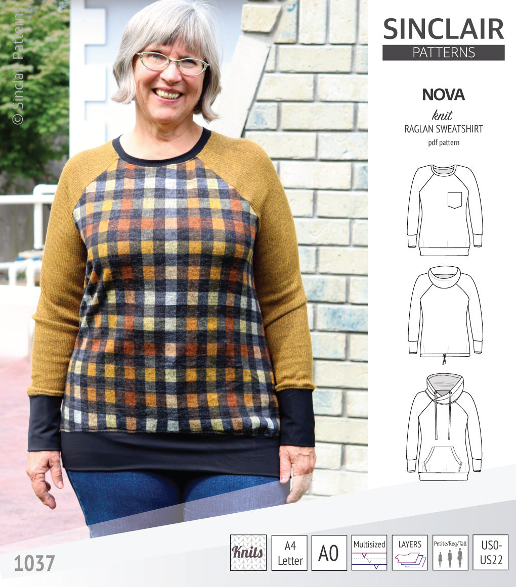 PDF sewing pattern Raglan sweatshirt sweater hoodie for women with kangaroo pocket, hood, cowl and drawstrings