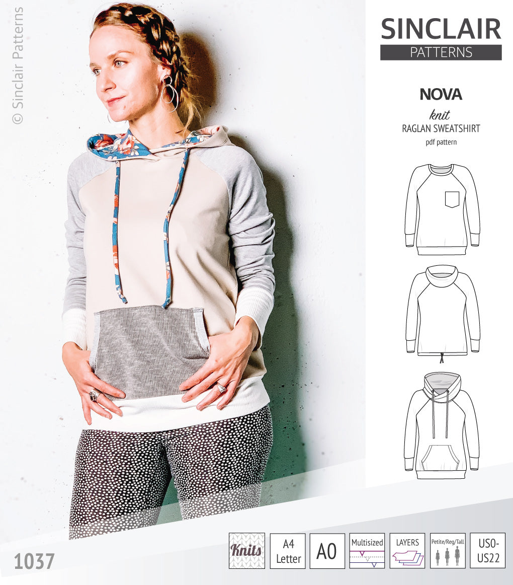 PDF sewing pattern Raglan sweatshirt sweater hoodie for women with kangaroo pocket, hood, cowl and drawstrings