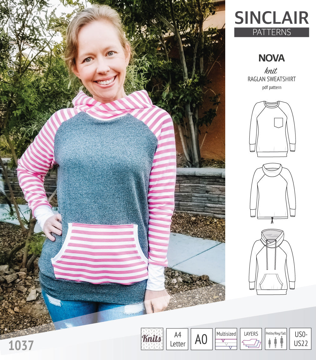 PDF sewing pattern Raglan sweatshirt sweater hoodie for women with kangaroo pocket, hood, cowl and drawstrings