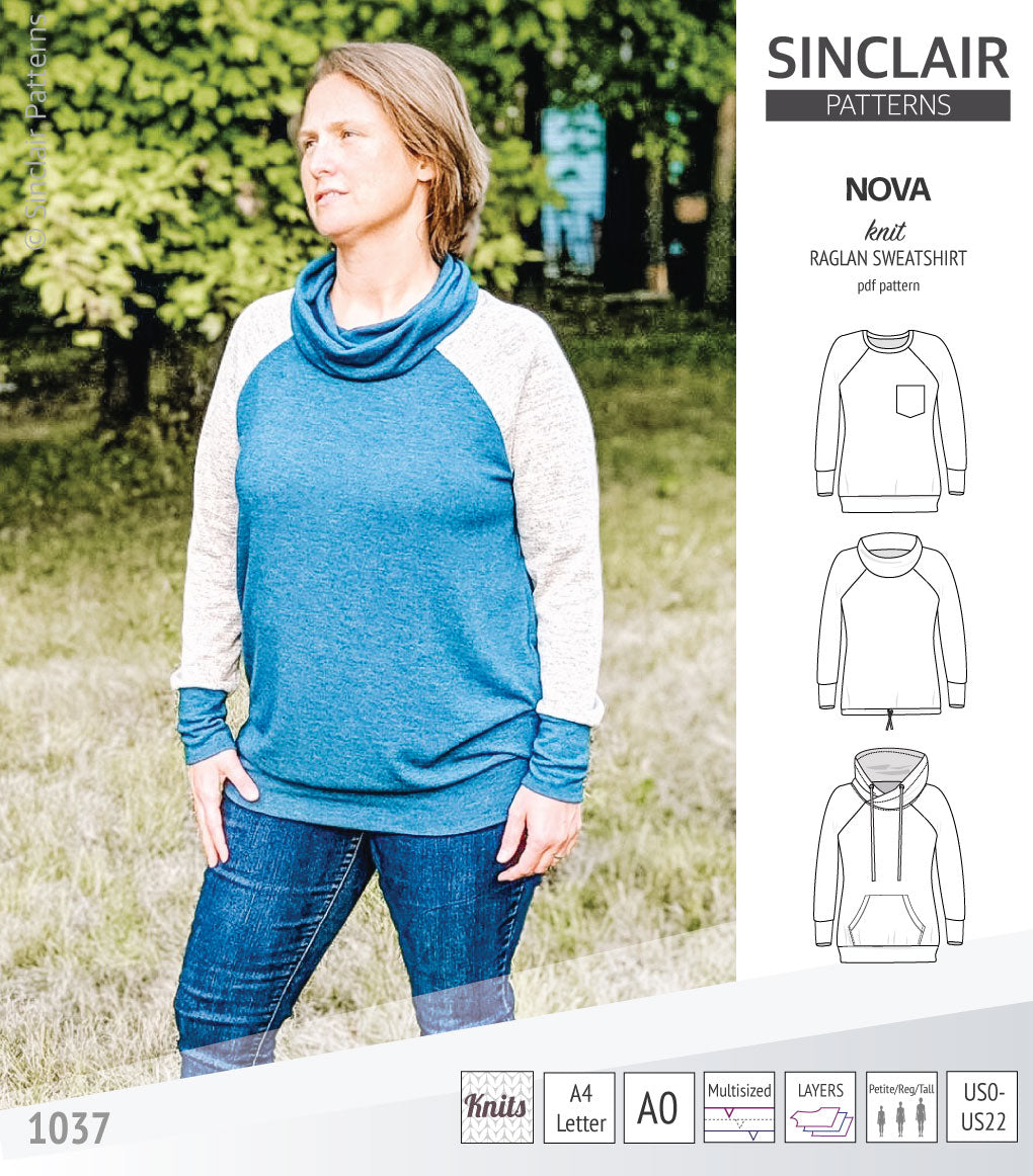 PDF sewing pattern Raglan sweatshirt sweater hoodie for women with kangaroo pocket, hood, cowl and drawstrings