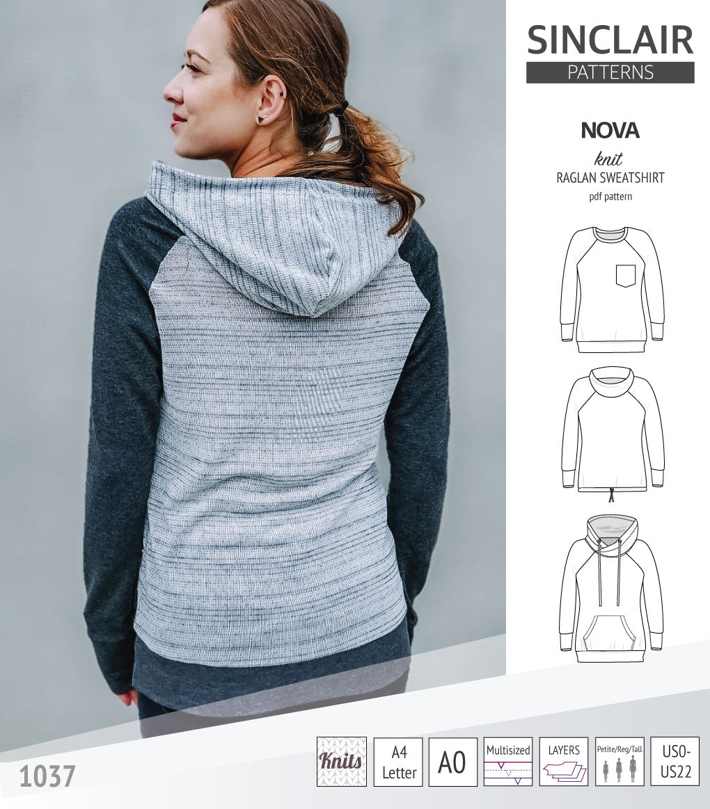 PDF sewing pattern Raglan sweatshirt sweater hoodie for women with kangaroo pocket, hood, cowl and drawstrings